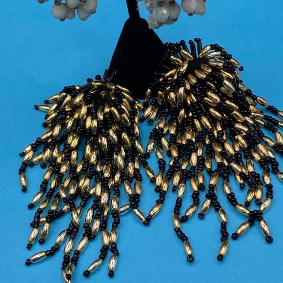 Vintage Cha Cha Seed Bead Earrings Long Two Pairs Cluster 1980's Clip Ons - Picture 2 of 9